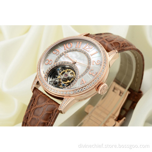 Custom Lady Tourbillon Watch Automatic Movement, Fashion Leather Strap Watch For Girls